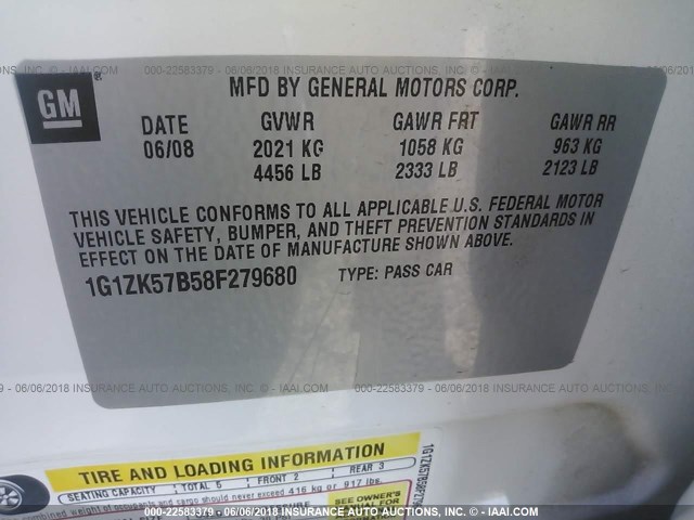 1G1ZK57B58F279680 - 2008 CHEVROLET MALIBU LTZ 白色 照片 9