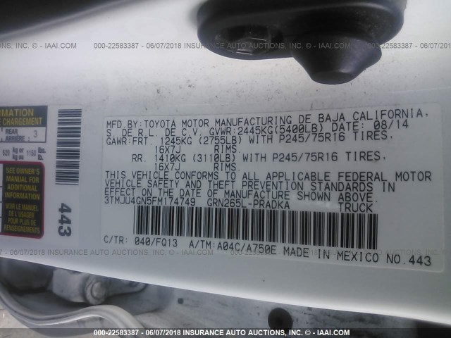 3TMJU4GN5FM174749 - 2015 TOYOTA TACOMA DOUBLE CAB PRERUNNER WHITE photo 9