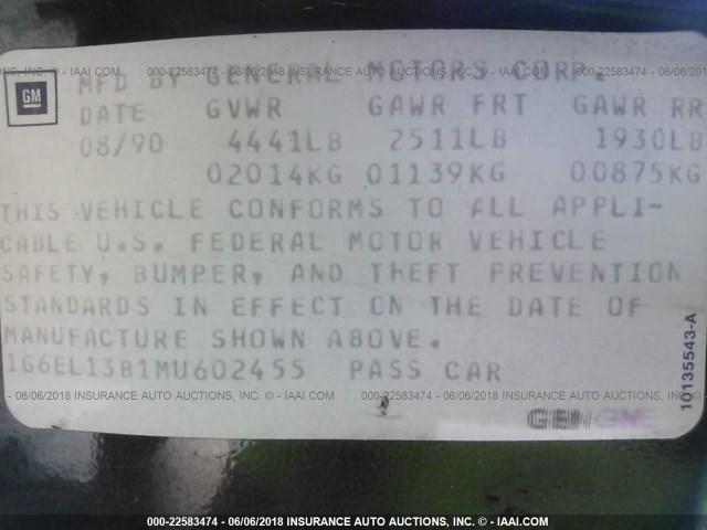 1G6EL13B1MU602455 - 1991 CADILLAC ELDORADO GREEN photo 9