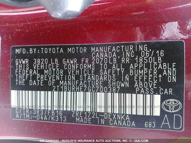 2T1BURHE7GC700387 - 2016 TOYOTA COROLLA L/LE/LE PLS/PRM/S/S PLS RED photo 9