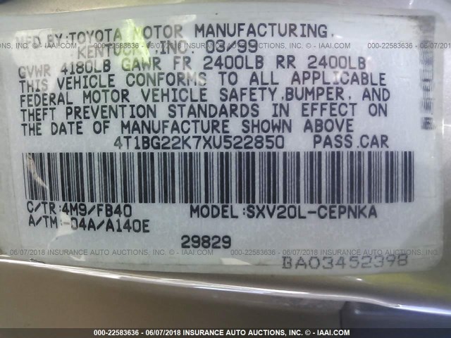 4T1BG22K7XU522850 - 1999 TOYOTA CAMRY CE/LE/XLE GOLD photo 9