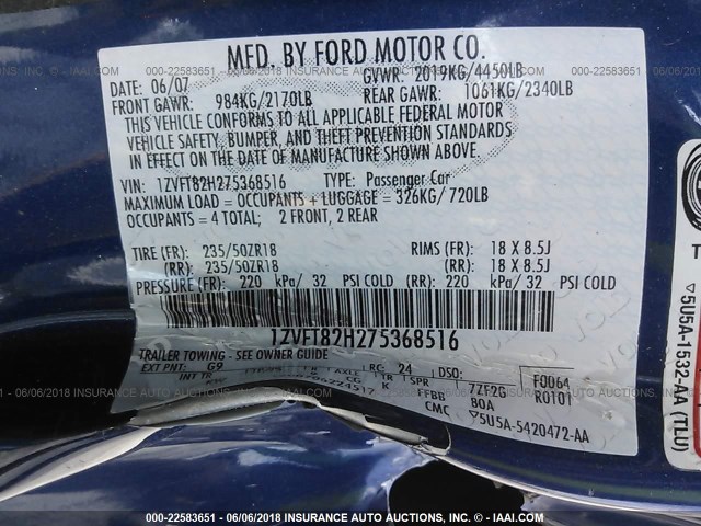 1ZVFT82H275368516 - 2007 FORD MUSTANG GT BLUE photo 9