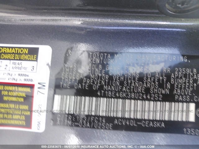 4T1BE46K38U244252 - 2008 TOYOTA CAMRY CE/LE/XLE/SE GRAY photo 9