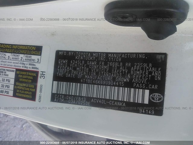 4T1BE46K69U904415 - 2009 TOYOTA CAMRY SE/LE/XLE 白色 照片 9