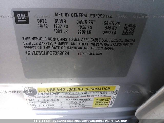 1G1ZC5EU6CF332624 - 2012 CHEVROLET MALIBU 1LT SILVER photo 9