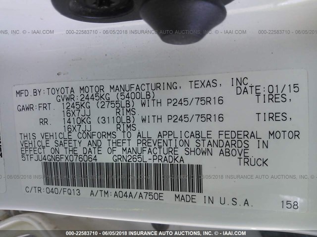 5TFJU4GN6FX076064 - 2015 TOYOTA TACOMA DOUBLE CAB PRERUNNER WHITE photo 9