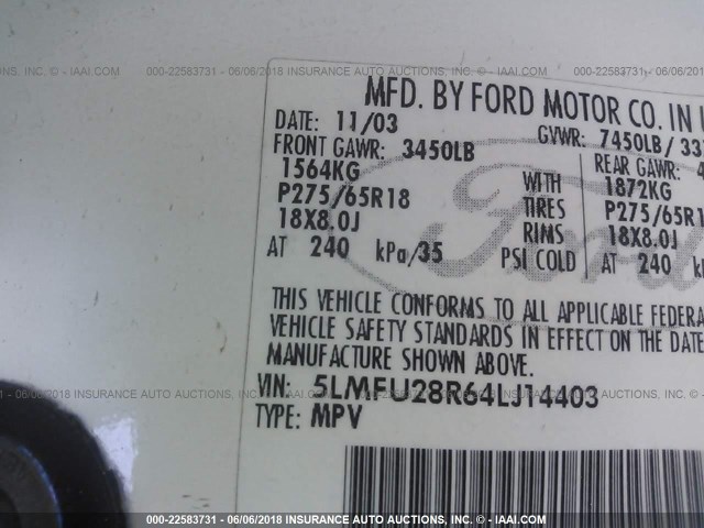 5LMFU28R64LJ14403 - 2004 LINCOLN NAVIGATOR თეთრი ფოტო 9