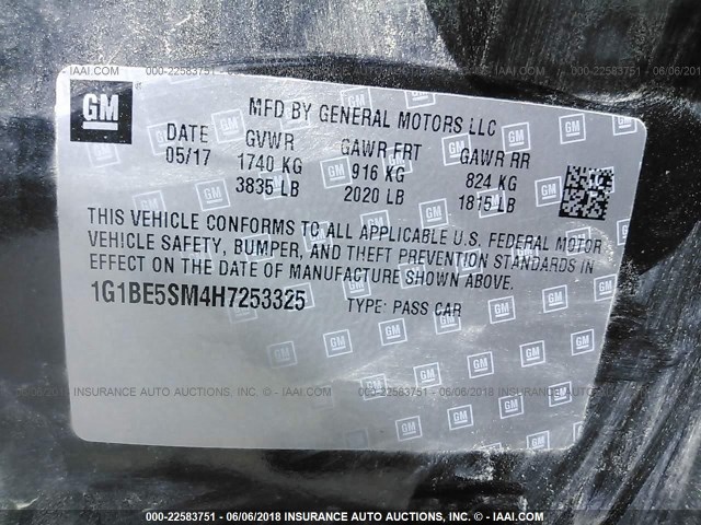 1G1BE5SM4H7253325 - 2017 CHEVROLET CRUZE LT GRAY photo 9