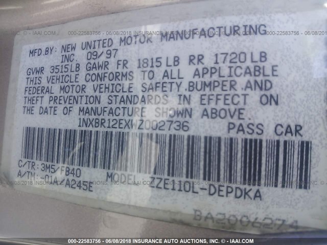 1NXBR12EXWZ002736 - 1998 TOYOTA COROLLA VE/CE/LE 银色 照片 9