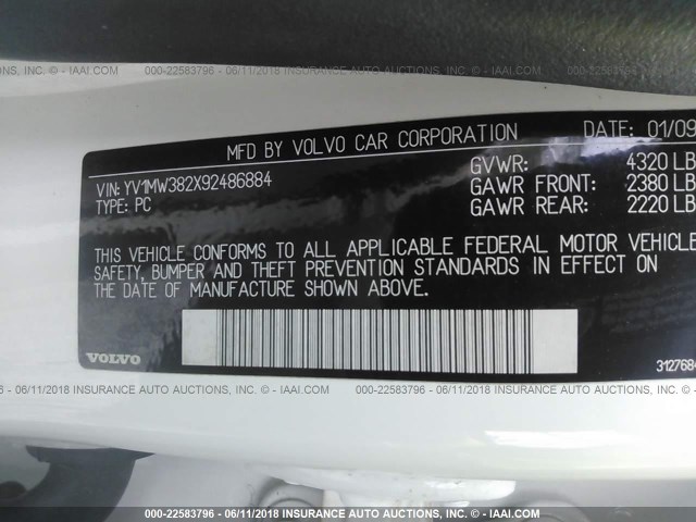 YV1MW382X92486884 - 2009 VOLVO V50 2.4I WHITE photo 9