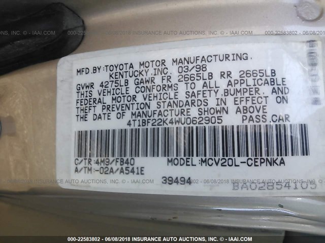 4T1BF22K4WU062905 - 1998 TOYOTA CAMRY CE/LE/XLE 金色 照片 9