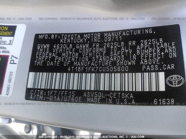 4T1BF1FK7CU505600 - 2012 TOYOTA CAMRY SE/LE/XLE SILVER photo 9