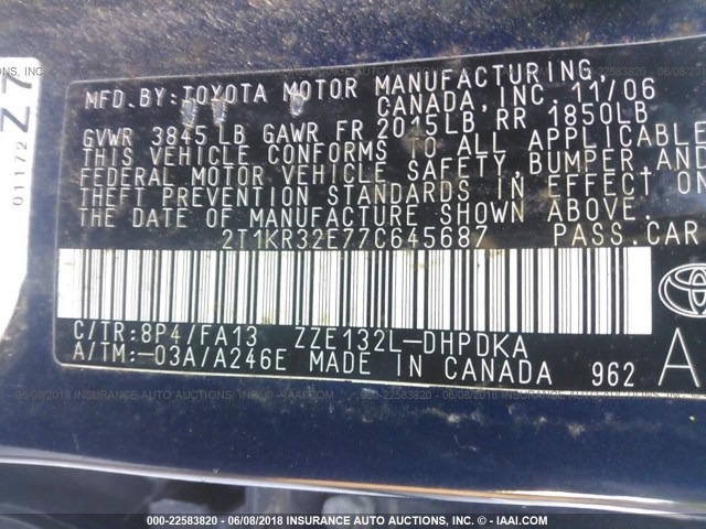 2T1KR32E77C645687 - 2007 TOYOTA COROLLA MATRIX XR BLUE photo 9