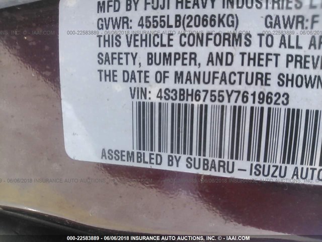 4S3BH6755Y7619623 - 2000 SUBARU LEGACY OUTBACK AWP 栗色 照片 9