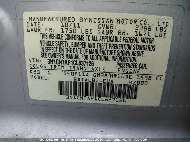 3N1CN7AP1CL837126 - 2012 NISSAN VERSA S/SV/SL SILVER photo 9