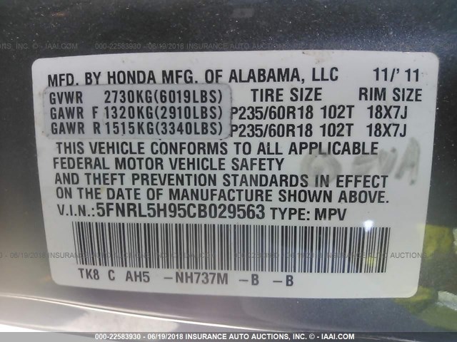 5FNRL5H95CB029563 - 2012 HONDA ODYSSEY TOURING/TOURING ELITE GRAY photo 9