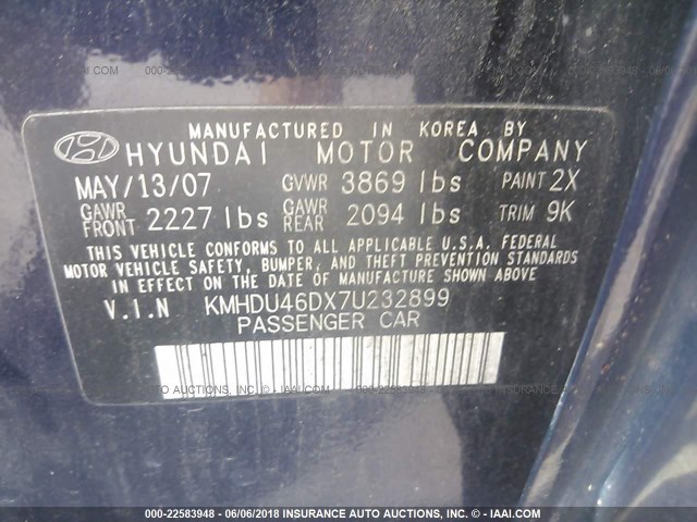 KMHDU46DX7U232899 - 2007 HYUNDAI ELANTRA GLS/SE/LIMITED BLUE photo 9