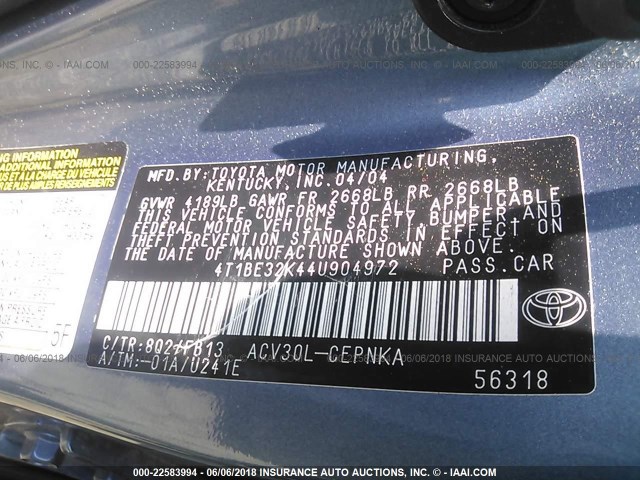 4T1BE32K44U904972 - 2004 TOYOTA CAMRY LE/XLE/SE BLUE photo 9