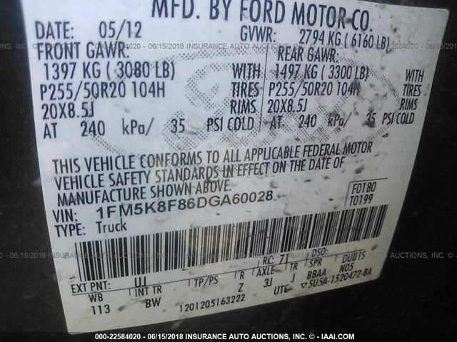 1FM5K8F86DGA60028 - 2013 FORD EXPLORER LIMITED ნაცრისფერი ფოტო 9