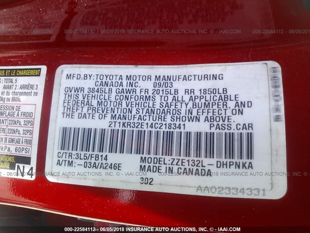 2T1KR32E14C218341 - 2004 TOYOTA COROLLA MATRIX XR RED photo 9