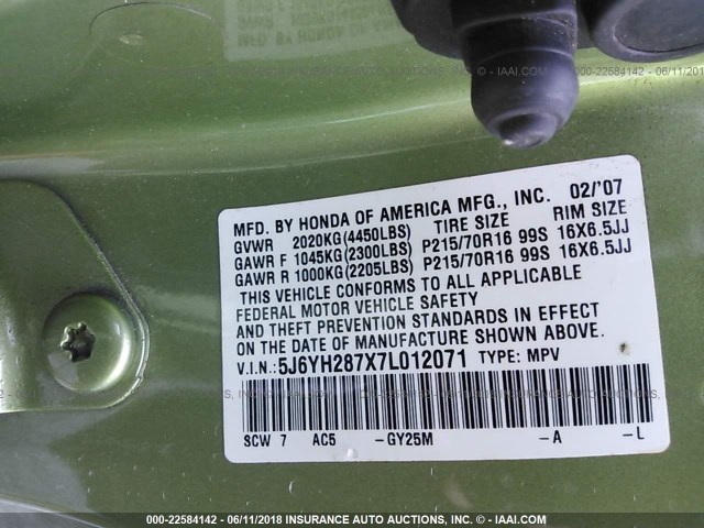 5J6YH287X7L012071 - 2007 HONDA ELEMENT EX GREEN photo 9