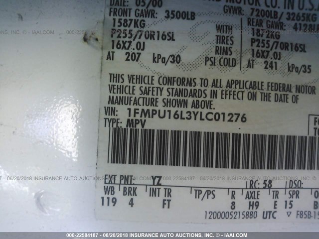 1FMPU16L3YLC01276 - 2000 FORD EXPEDITION XLT WHITE photo 9