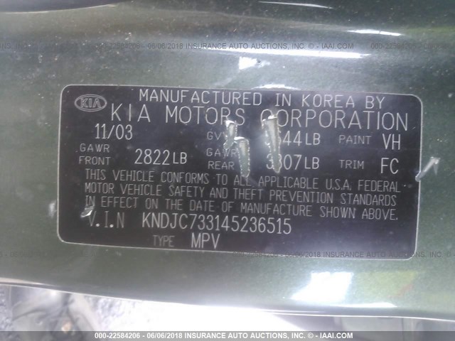 KNDJC733145236515 - 2004 KIA SORENTO EX/LX GREEN photo 9