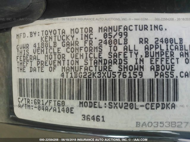 4T1BG22K3XU576159 - 1999 TOYOTA CAMRY CE/LE/XLE GREEN photo 9