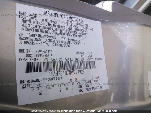 1FAHP34N78W294923 - 2008 FORD FOCUS S/SE GRAY photo 9