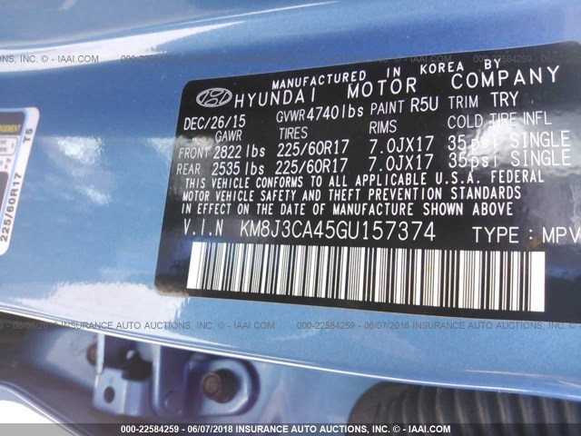 KM8J3CA45GU157374 - 2016 HYUNDAI TUCSON LIMITED/SPORT AND ECO/SE BLUE photo 9