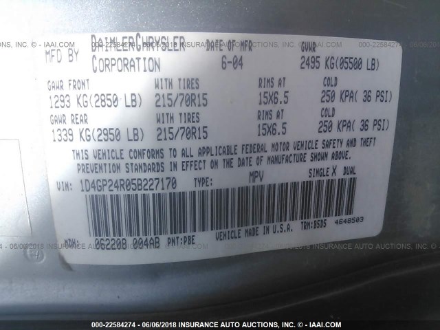 1D4GP24R05B227170 - 2005 DODGE GRAND CARAVAN SE Light Blue photo 9