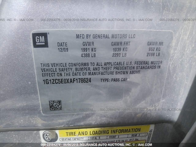 1G1ZC5E0XAF178624 - 2010 CHEVROLET MALIBU 1LT 银色 照片 9