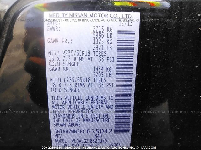 5N1AR2MN5EC655042 - 2014 NISSAN PATHFINDER S/SV/SL/PLATINUM 黑色 照片 9