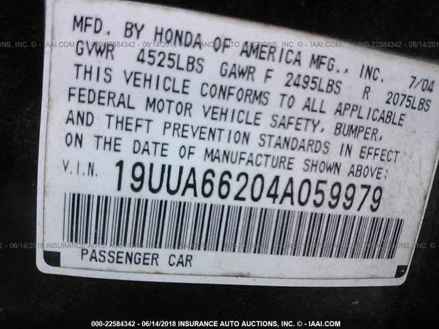 19UUA66204A059979 - 2004 ACURA TL BLACK photo 9