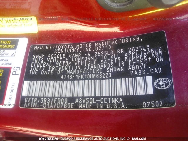 4T1BF1FK1DU663223 - 2013 TOYOTA CAMRY L/SE/LE/XLE 红色 照片 9