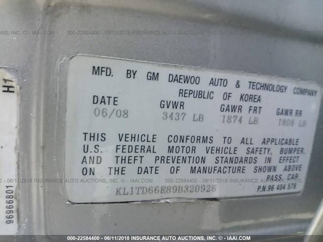 KL1TD66E89B320926 - 2009 CHEVROLET AVEO LS/LT 银色 照片 9