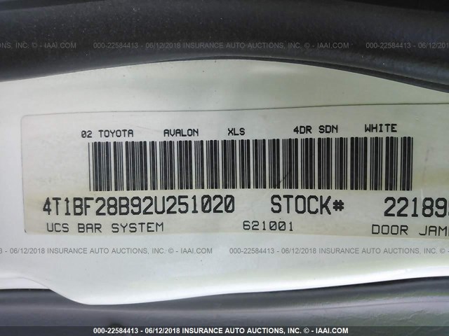 4T1BF28B92U251020 - 2002 TOYOTA AVALON XL/XLS WHITE photo 9