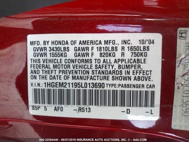 1HGEM21195L013690 - 2005 HONDA CIVIC DX VP RED photo 9