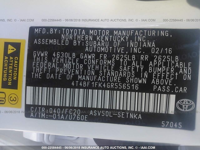 4T4BF1FK4GR556516 - 2016 TOYOTA CAMRY LE/XLE/SE/XSE 白色 照片 9