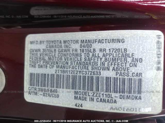 2T1BR12E2YC372633 - 2000 TOYOTA COROLLA VE/CE/LE BURGUNDY photo 9