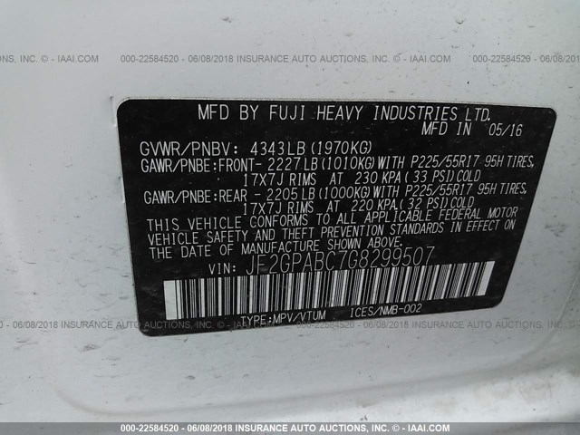 JF2GPABC7G8299507 - 2016 SUBARU CROSSTREK PREMIUM თეთრი ფოტო 9