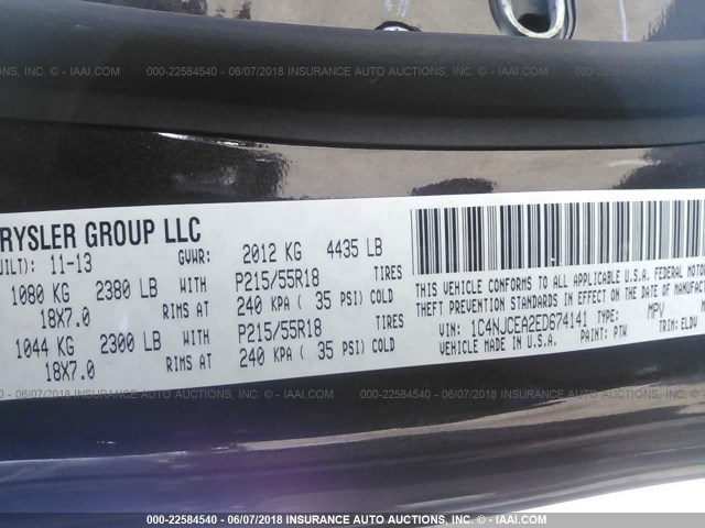 1C4NJCEA2ED674141 - 2014 JEEP COMPASS LATITUDE 棕色 照片 9