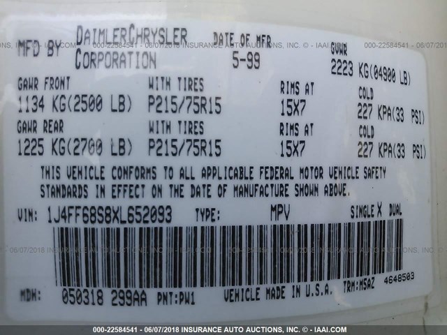 1J4FF68S8XL652093 - 1999 JEEP CHEROKEE SPORT/CLASSIC თეთრი ფოტო 9