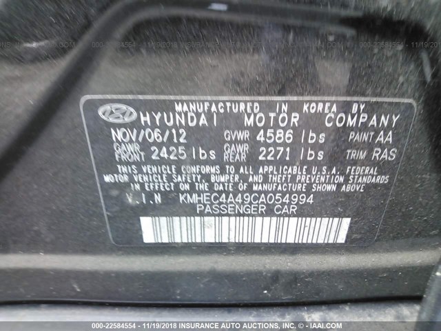 KMHEC4A49CA054994 - 2012 HYUNDAI SONATA HYBRID BLACK photo 9