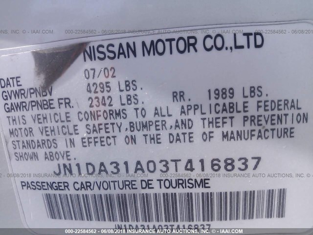 JN1DA31A03T416837 - 2003 NISSAN MAXIMA GLE/SE WHITE photo 9