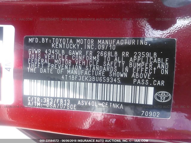 4T1BF3EK3BU659345 - 2011 TOYOTA CAMRY SE/LE/XLE 红色 照片 9