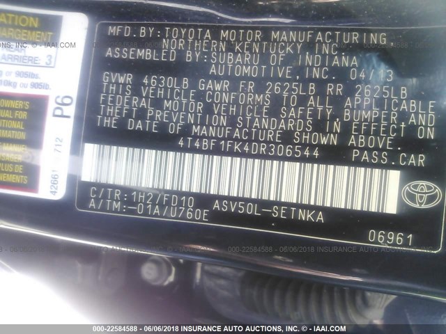 4T4BF1FK4DR306544 - 2013 TOYOTA CAMRY L/SE/LE/XLE 黑色 照片 9