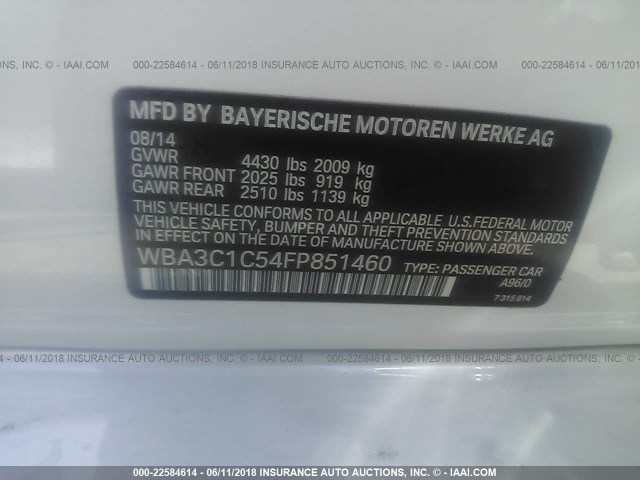 WBA3C1C54FP851460 - 2015 BMW 328 I SULEV WHITE photo 9