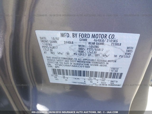 1FMCU94158KC01185 - 2008 FORD ESCAPE LIMITED GRAY photo 9