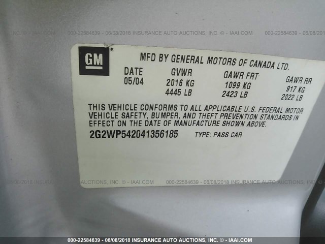 2G2WP542041356185 - 2004 PONTIAC GRAND PRIX GT SILVER photo 9